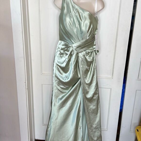 One Shoulder Pleated Satin Maxi Dress Size 6 Nwt Green - Picture 1 of 8